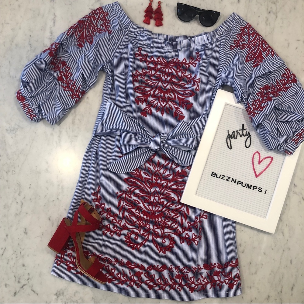Blue & wht pinstripe w/ red embroidery  OTS dress